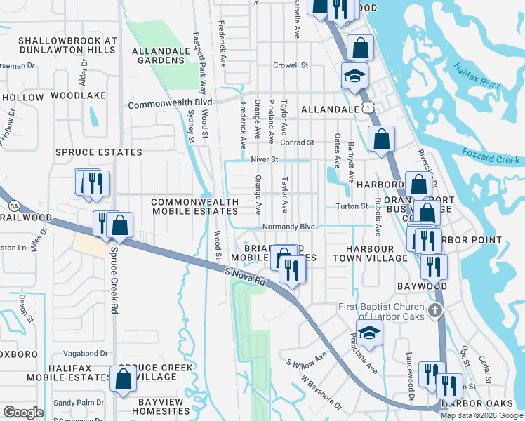 map of restaurants, bars, coffee shops, grocery stores, and more near 710 Normandy Boulevard in Port Orange