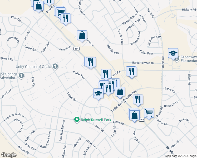 map of restaurants, bars, coffee shops, grocery stores, and more near 6 Cedar Trace Pass in Ocala
