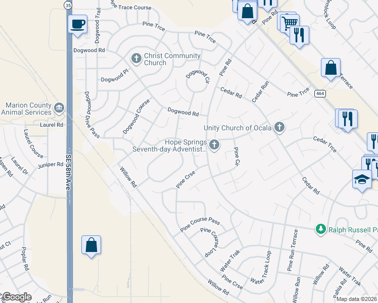 map of restaurants, bars, coffee shops, grocery stores, and more near 79 Dogwood Loop in Ocala