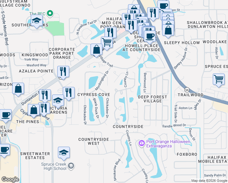 map of restaurants, bars, coffee shops, grocery stores, and more near 941 Chickadee Drive in Port Orange