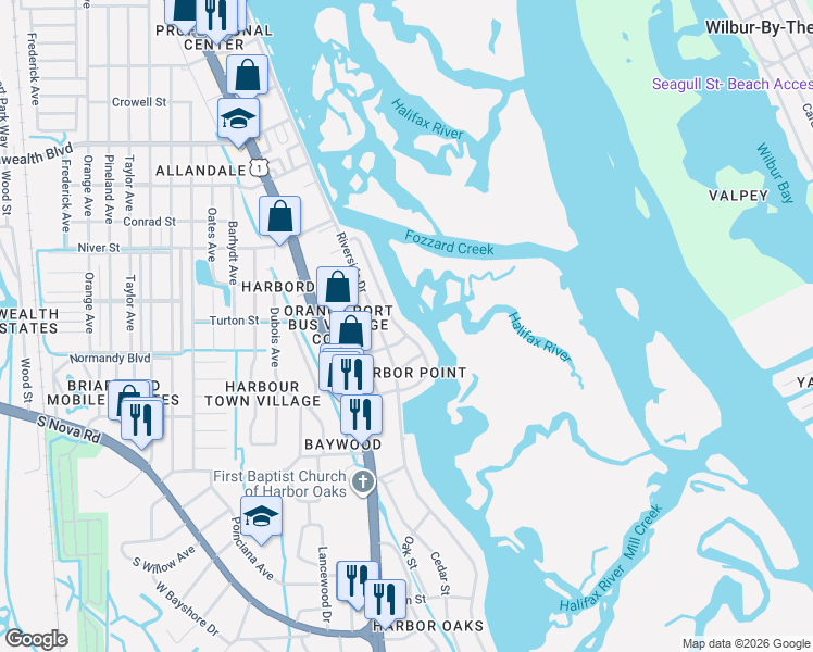 map of restaurants, bars, coffee shops, grocery stores, and more near 1210 Harbour Point Drive in Port Orange