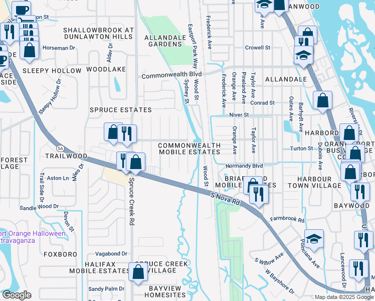 map of restaurants, bars, coffee shops, grocery stores, and more near 5629 Finley Drive in Port Orange