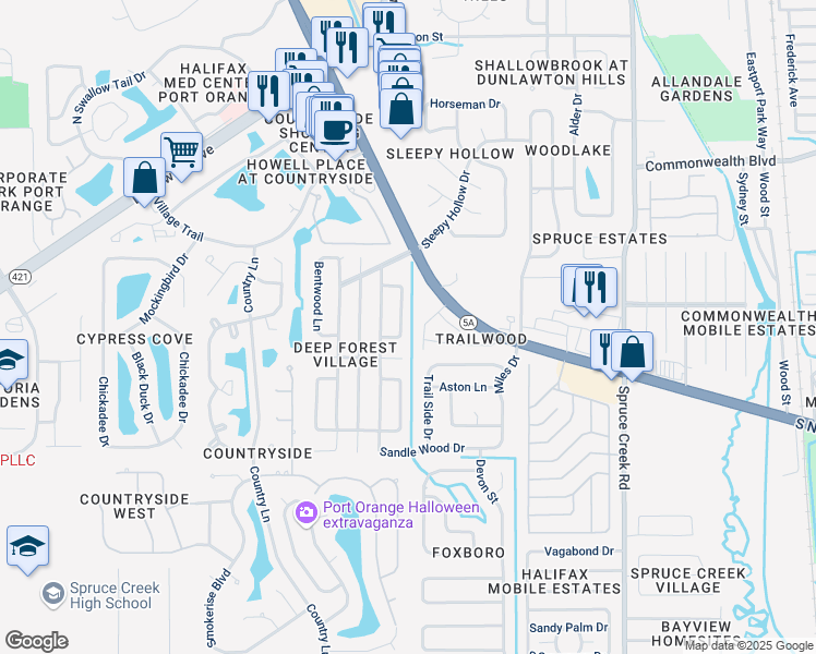 map of restaurants, bars, coffee shops, grocery stores, and more near 903 Timberwood Drive in Port Orange