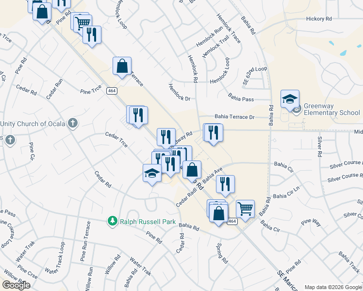 map of restaurants, bars, coffee shops, grocery stores, and more near 7563 Southeast Maricamp Road in Ocala