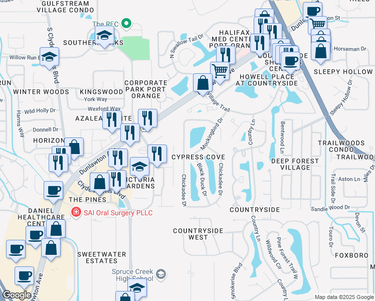 map of restaurants, bars, coffee shops, grocery stores, and more near 854 Chickadee Drive in Port Orange