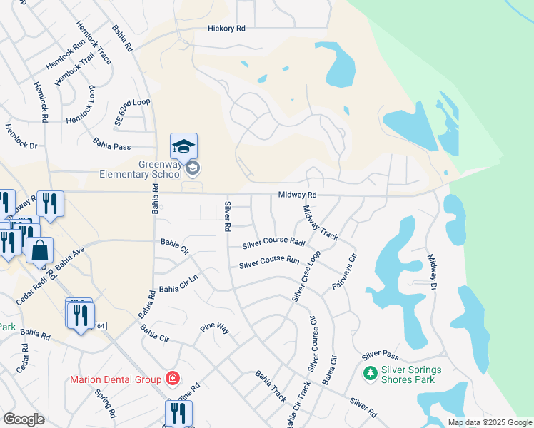 map of restaurants, bars, coffee shops, grocery stores, and more near 545 Midway Track Court in Ocala