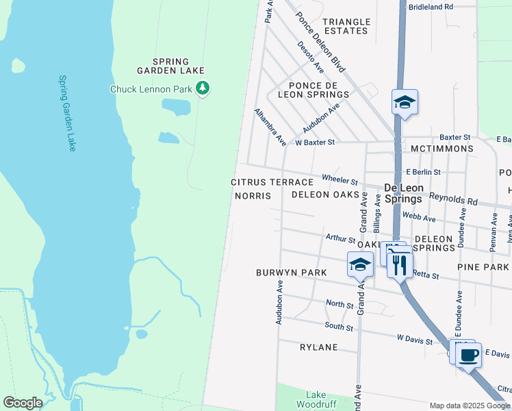 map of restaurants, bars, coffee shops, grocery stores, and more near 5050 Audubon Avenue in De Leon Springs