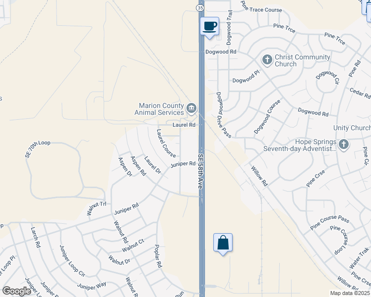 map of restaurants, bars, coffee shops, grocery stores, and more near 25 Laurel Pass in Ocala