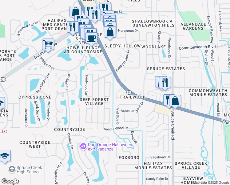 map of restaurants, bars, coffee shops, grocery stores, and more near 919 Mill Road Lane in Port Orange