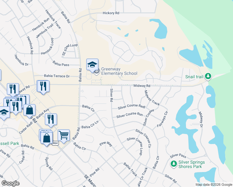 map of restaurants, bars, coffee shops, grocery stores, and more near 538 Midway Track Lane in Ocala