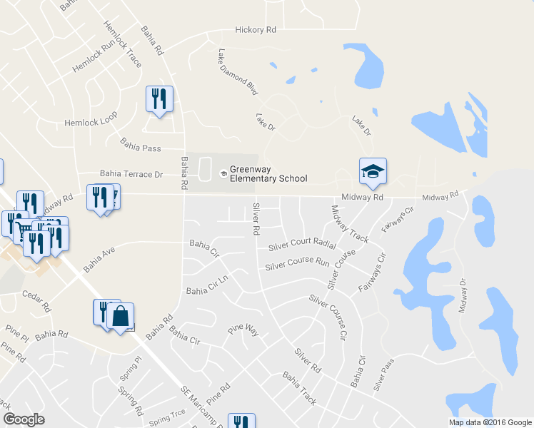 map of restaurants, bars, coffee shops, grocery stores, and more near 538 Midway Track Lane in Ocala