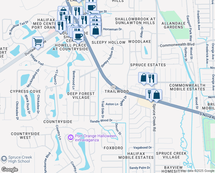 map of restaurants, bars, coffee shops, grocery stores, and more near in Port Orange