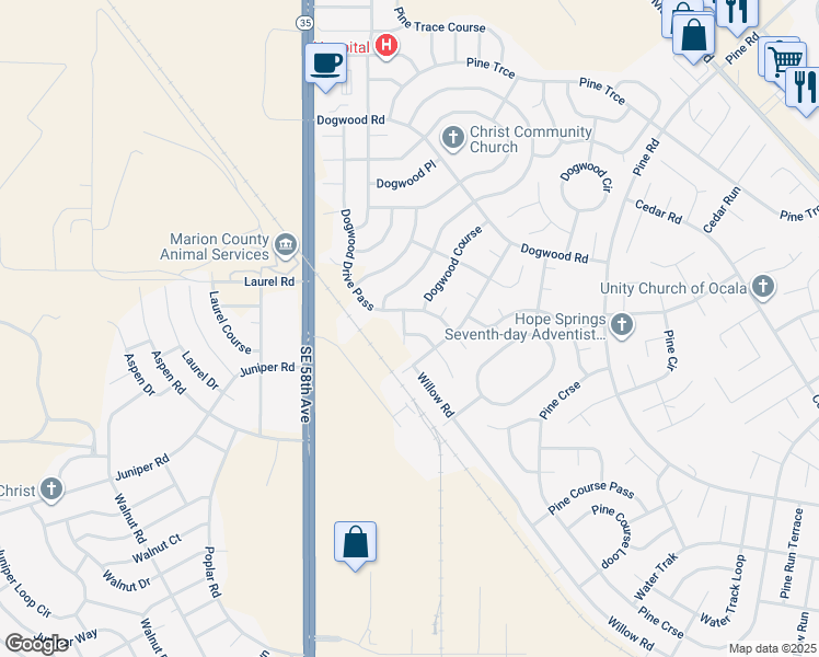 map of restaurants, bars, coffee shops, grocery stores, and more near 5 Dogwood Drive Lane in Ocala