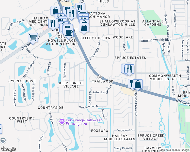 map of restaurants, bars, coffee shops, grocery stores, and more near in Port Orange