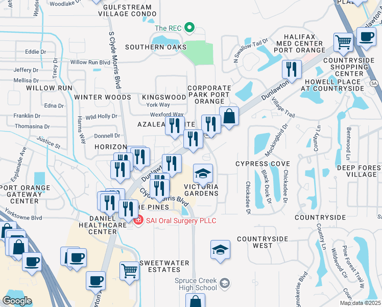 map of restaurants, bars, coffee shops, grocery stores, and more near 1402 Dunlawton Avenue in Port Orange