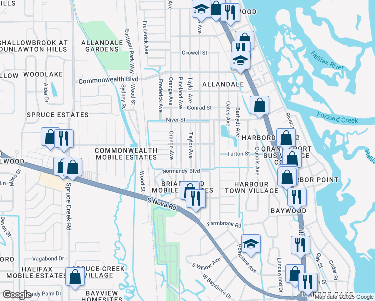 map of restaurants, bars, coffee shops, grocery stores, and more near 5437 Pineland Avenue in Port Orange