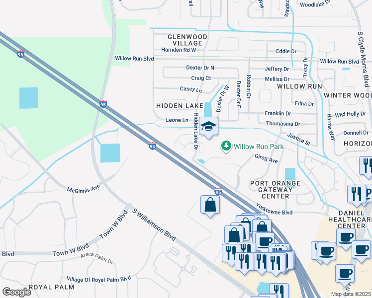 map of restaurants, bars, coffee shops, grocery stores, and more near 1680 Coulter Lane in Port Orange