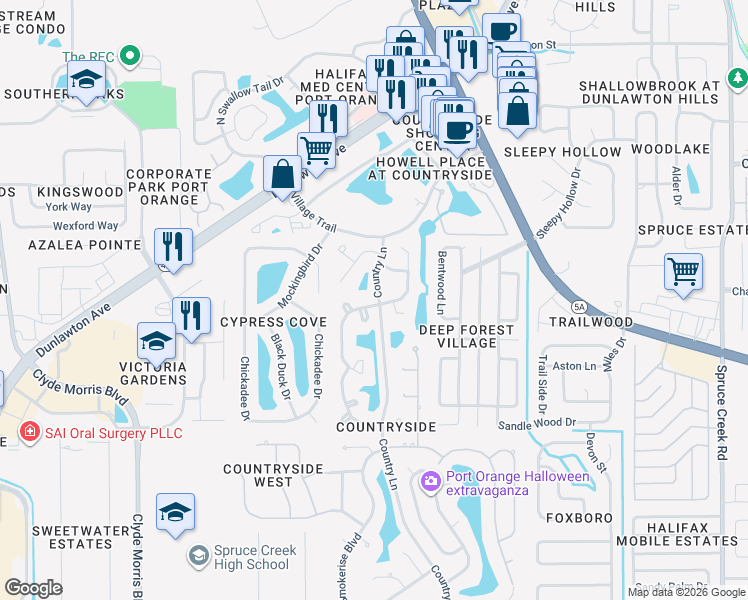 map of restaurants, bars, coffee shops, grocery stores, and more near 936 Meadow View Drive in Port Orange