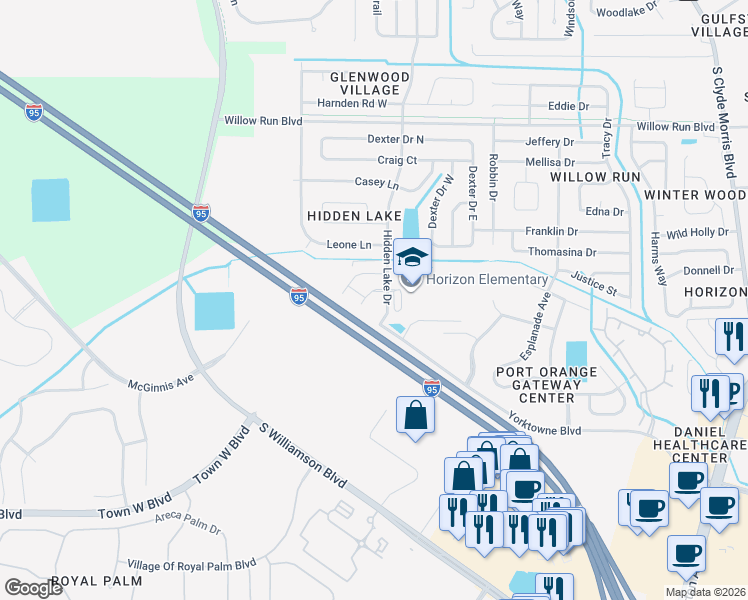 map of restaurants, bars, coffee shops, grocery stores, and more near 1671 Stowers Street in Port Orange