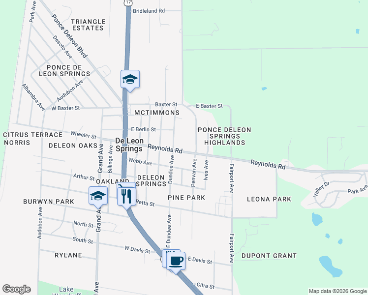 map of restaurants, bars, coffee shops, grocery stores, and more near 335 Reynolds Road in De Leon Springs