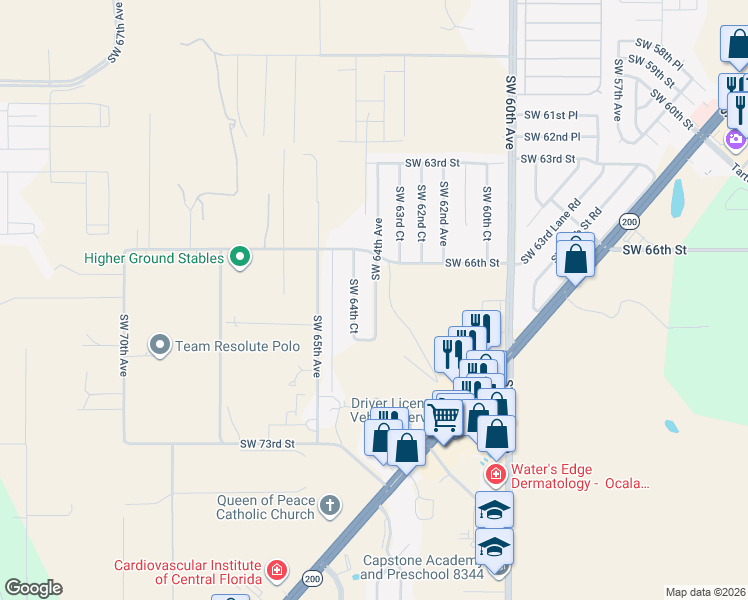map of restaurants, bars, coffee shops, grocery stores, and more near 6714 Southwest 64th Avenue in Ocala