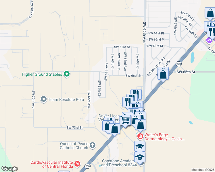map of restaurants, bars, coffee shops, grocery stores, and more near 6714 Southwest 64th Avenue in Ocala