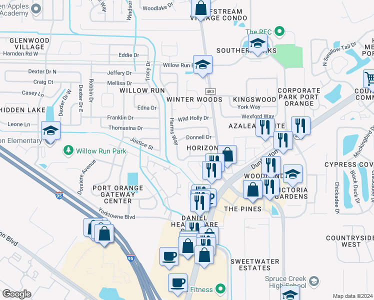 map of restaurants, bars, coffee shops, grocery stores, and more near 1097 Horizon View Boulevard in Port Orange