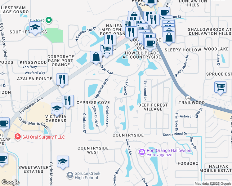map of restaurants, bars, coffee shops, grocery stores, and more near 936 Meadow View Drive in Port Orange