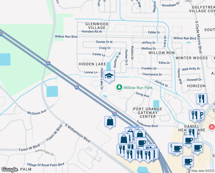 map of restaurants, bars, coffee shops, grocery stores, and more near 4751 Hidden Lake Drive in Port Orange
