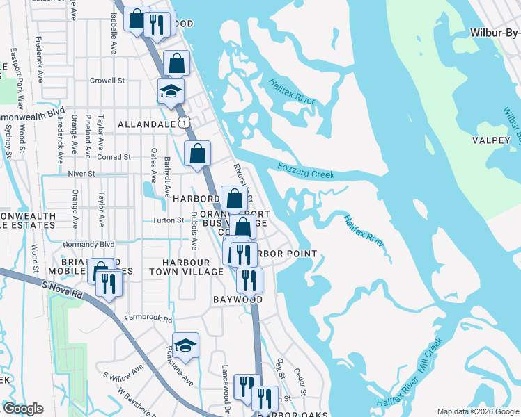map of restaurants, bars, coffee shops, grocery stores, and more near 1147 Harbour Point Drive in Port Orange