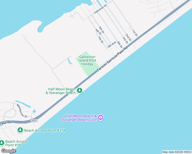 map of restaurants, bars, coffee shops, grocery stores, and more near 24051 Termini-San Luis Pass Road in Galveston