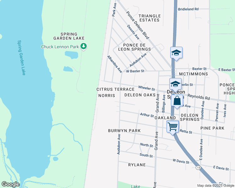 map of restaurants, bars, coffee shops, grocery stores, and more near 5050 Audubon Avenue in De Leon Springs