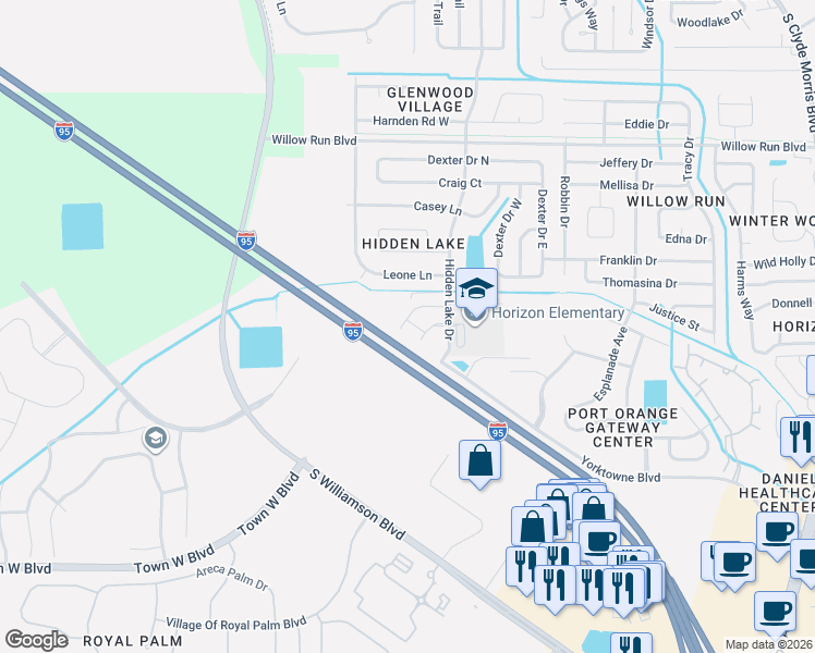 map of restaurants, bars, coffee shops, grocery stores, and more near 1671 Stowers Street in Port Orange