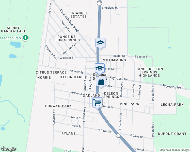 map of restaurants, bars, coffee shops, grocery stores, and more near 5042 U.S. 17 in De Leon Springs