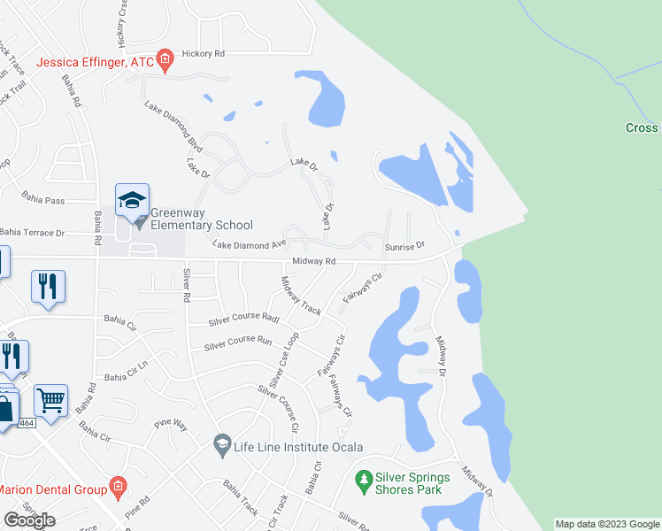 map of restaurants, bars, coffee shops, grocery stores, and more near 709 Lake Diamond Avenue in Ocala