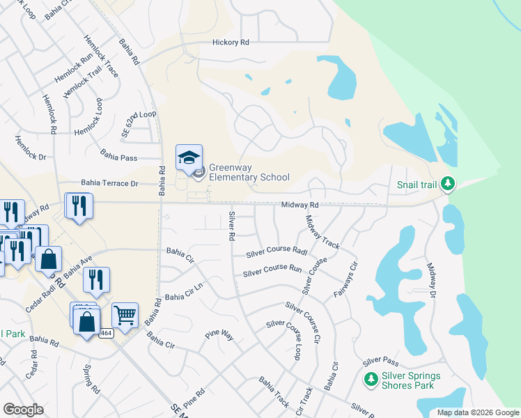 map of restaurants, bars, coffee shops, grocery stores, and more near 538 Midway Track Lane in Ocala