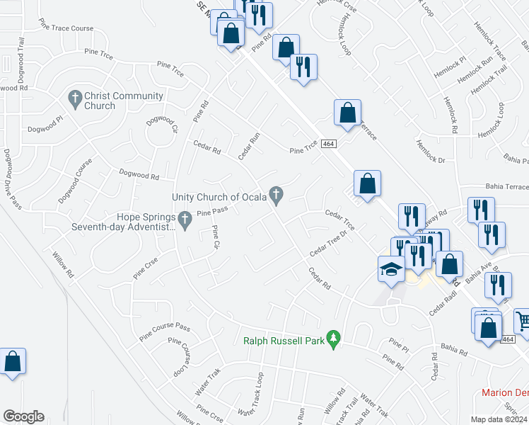 map of restaurants, bars, coffee shops, grocery stores, and more near 3 Cedar Tree Court in Ocala