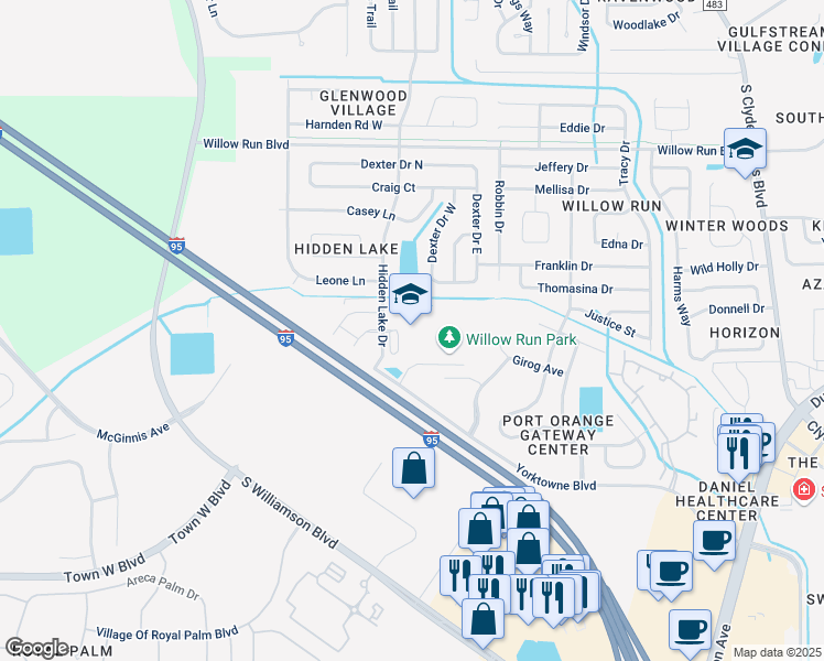 map of restaurants, bars, coffee shops, grocery stores, and more near 4751 Hidden Lake Drive in Port Orange