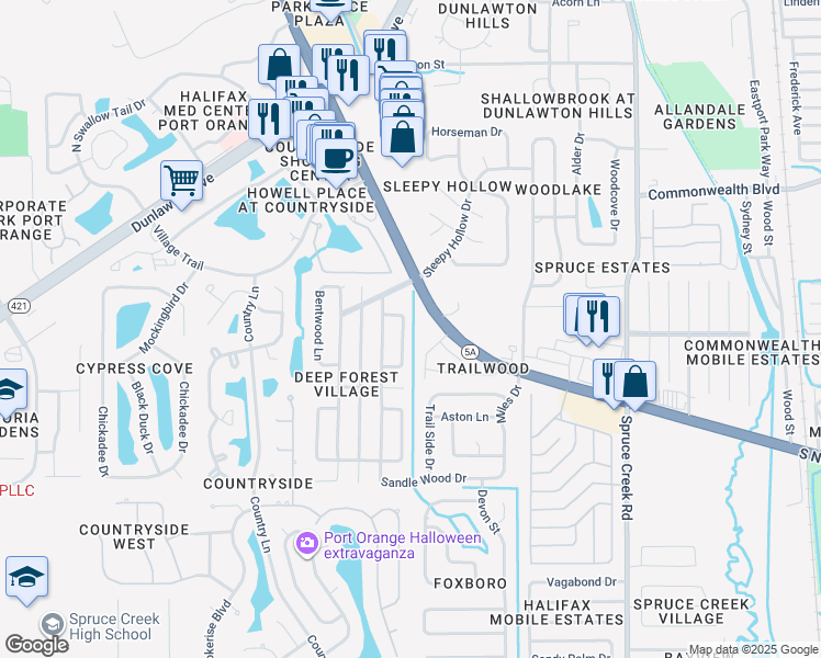 map of restaurants, bars, coffee shops, grocery stores, and more near 919 Mill Road Lane in Port Orange