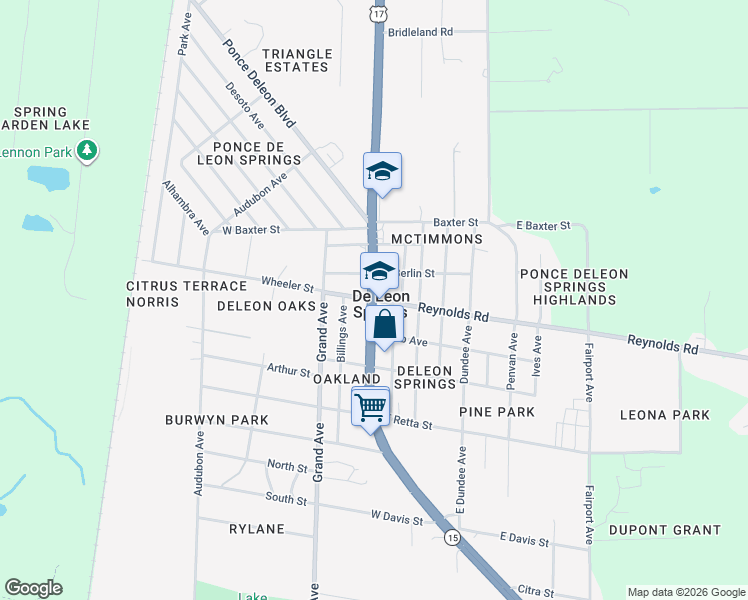 map of restaurants, bars, coffee shops, grocery stores, and more near 5042 U.S. 17 in De Leon Springs