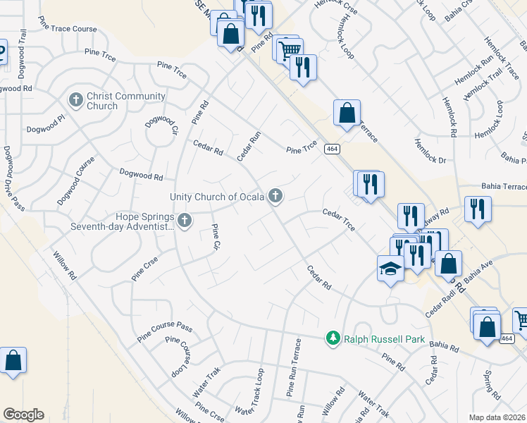 map of restaurants, bars, coffee shops, grocery stores, and more near 3 Cedar Tree Court in Ocala