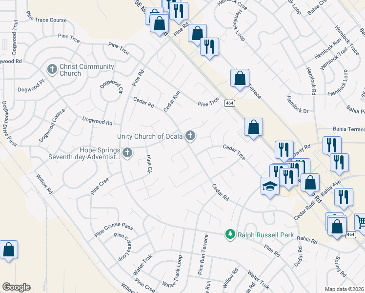 map of restaurants, bars, coffee shops, grocery stores, and more near 3 Cedar Tree Court in Ocala