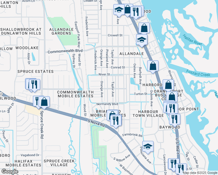 map of restaurants, bars, coffee shops, grocery stores, and more near 5437 Pineland Avenue in Port Orange