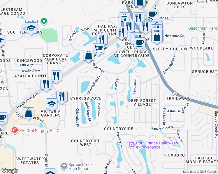 map of restaurants, bars, coffee shops, grocery stores, and more near 936 Meadow View Drive in Port Orange
