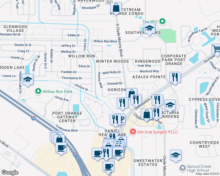 map of restaurants, bars, coffee shops, grocery stores, and more near 1091 Horizon View Boulevard in Port Orange