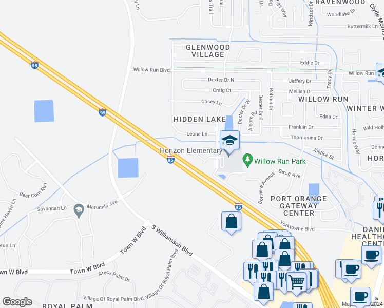 map of restaurants, bars, coffee shops, grocery stores, and more near 1653 Pham Drive in Port Orange