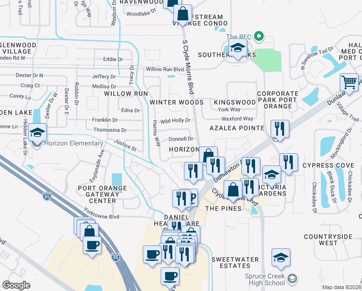 map of restaurants, bars, coffee shops, grocery stores, and more near 1081 Horizon View Boulevard in Port Orange