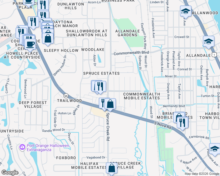 map of restaurants, bars, coffee shops, grocery stores, and more near 5601-5645 Marshfield Drive in Port Orange