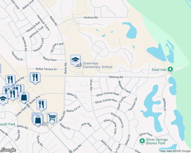 map of restaurants, bars, coffee shops, grocery stores, and more near 538 Midway Track Lane in Ocala