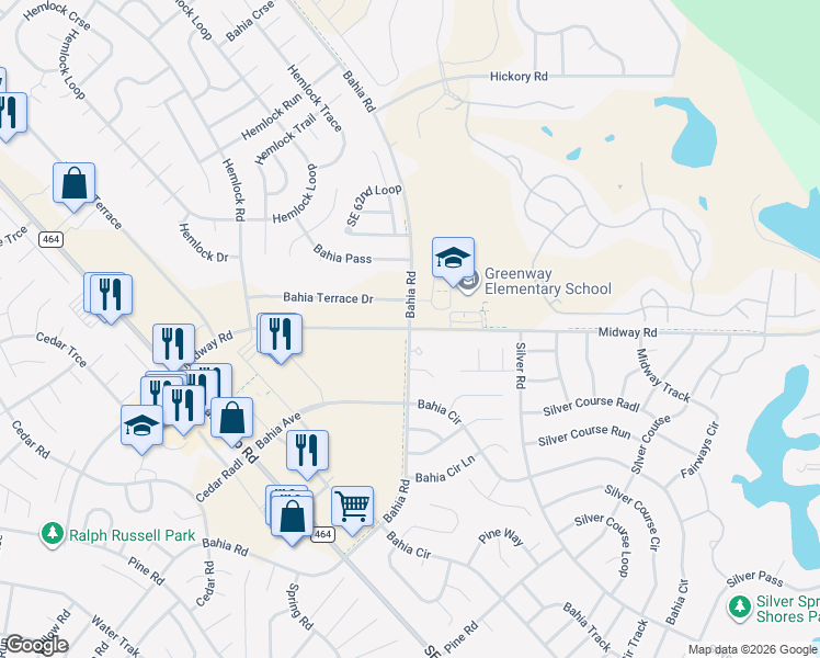map of restaurants, bars, coffee shops, grocery stores, and more near 4001 Bahia Road in Ocala